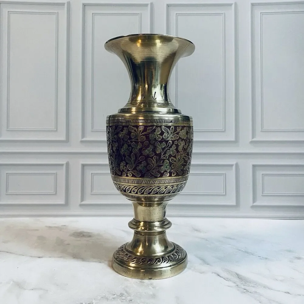 Vintage Brass Pedestal Etched Floral Footed Vase 7”